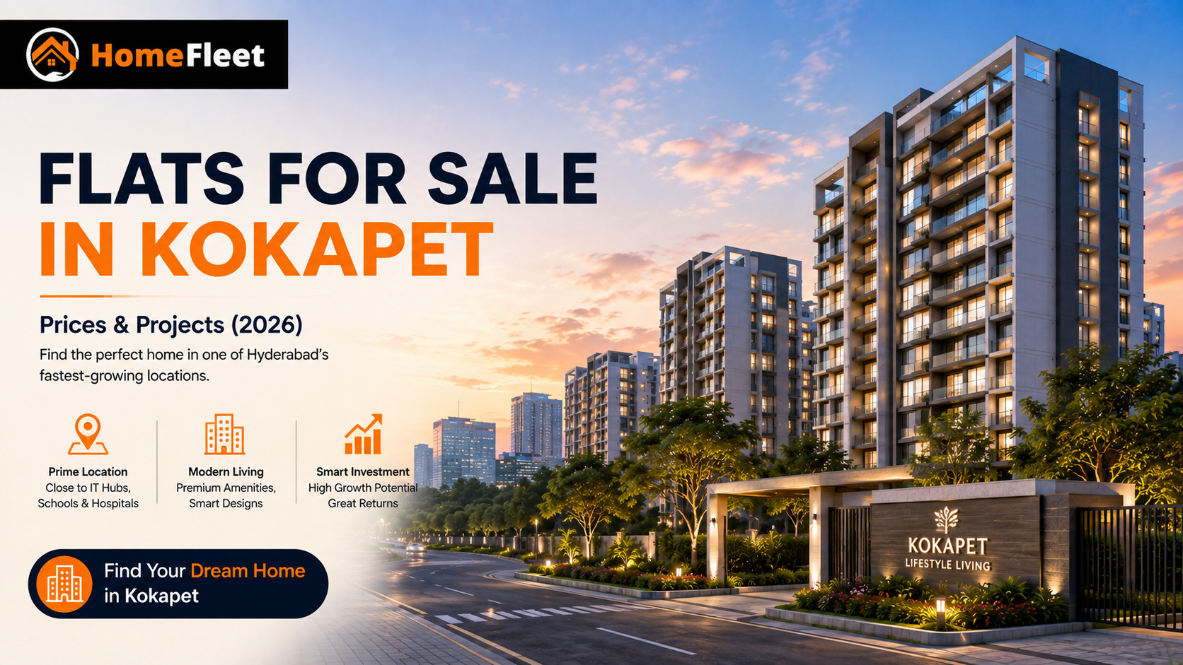 Flats for Sale in Kokapet featuring modern apartment towers and HomeFleet 2026 price guide.